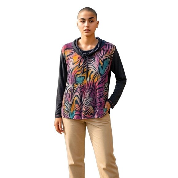Bali Tops - Womens Tunic Top Size XL Cowl Neck Sweatshirt Artsy Colorful Animal Print Boho